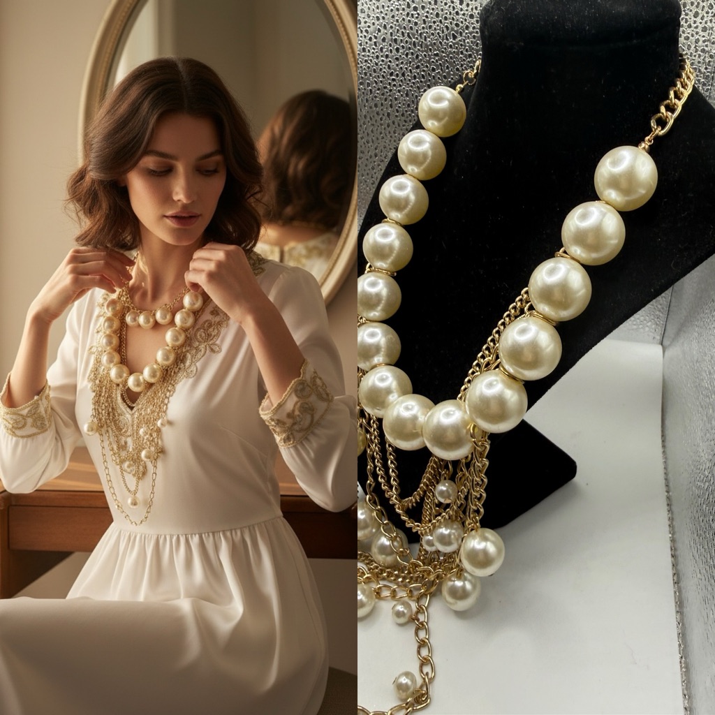 Tone Faux Pearl Statement Necklace Multi Strand Draped Chain Bib Necklace